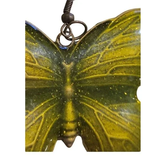 Butterflies Large Statement Moss Green Glitter Enamel Butterfly Pierce Earrings - Picture 4 of 7